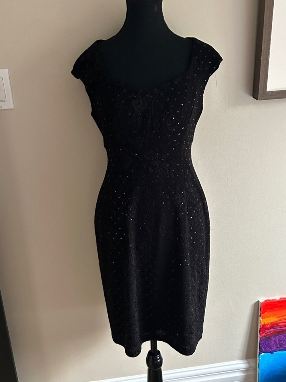 Black Sequin Cocktail Midi Dress with Cap Sleeves from Laura